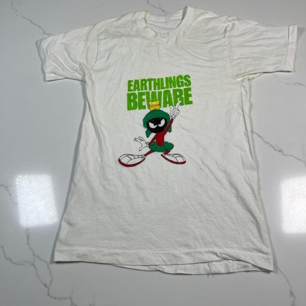 Vintage Marvin the Martian T Shirt Mens 80s Space Jam Earthlings Beware White